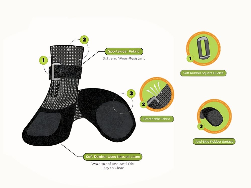 Sport dog shoe socks with breathable fabric, anti-skid rubber sole, and soft waterproof latex for secure dog walk protection.